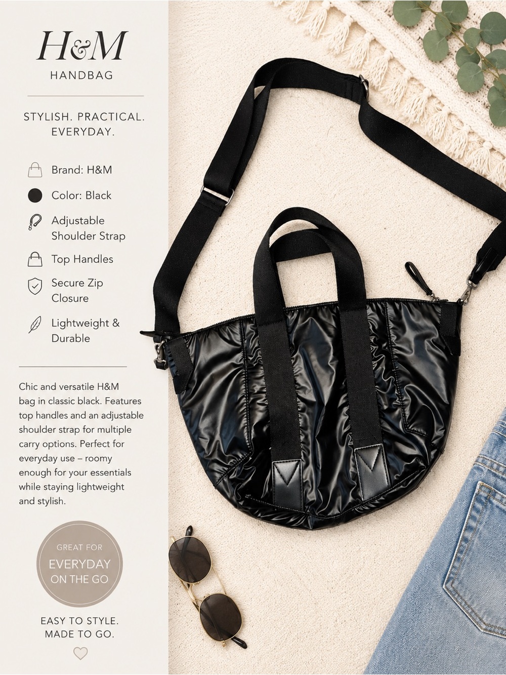 H&M Black Quilted Crossbody Bag with Top Handles